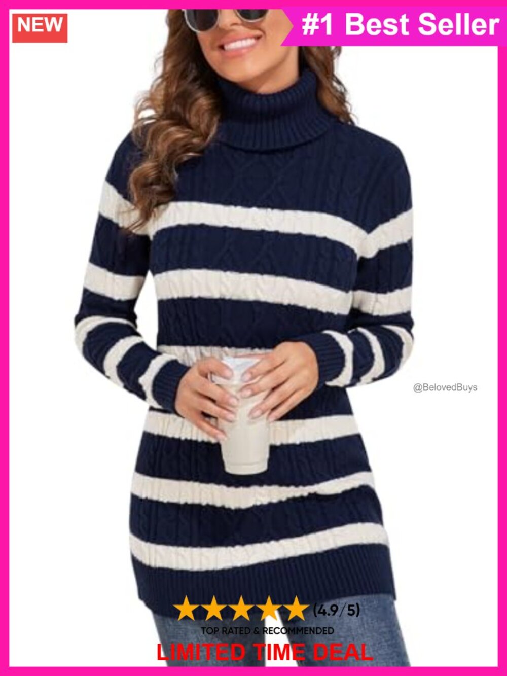 Turtleneck Cable Knit Tunic Sweater Long Pullover Cozy Winter Top